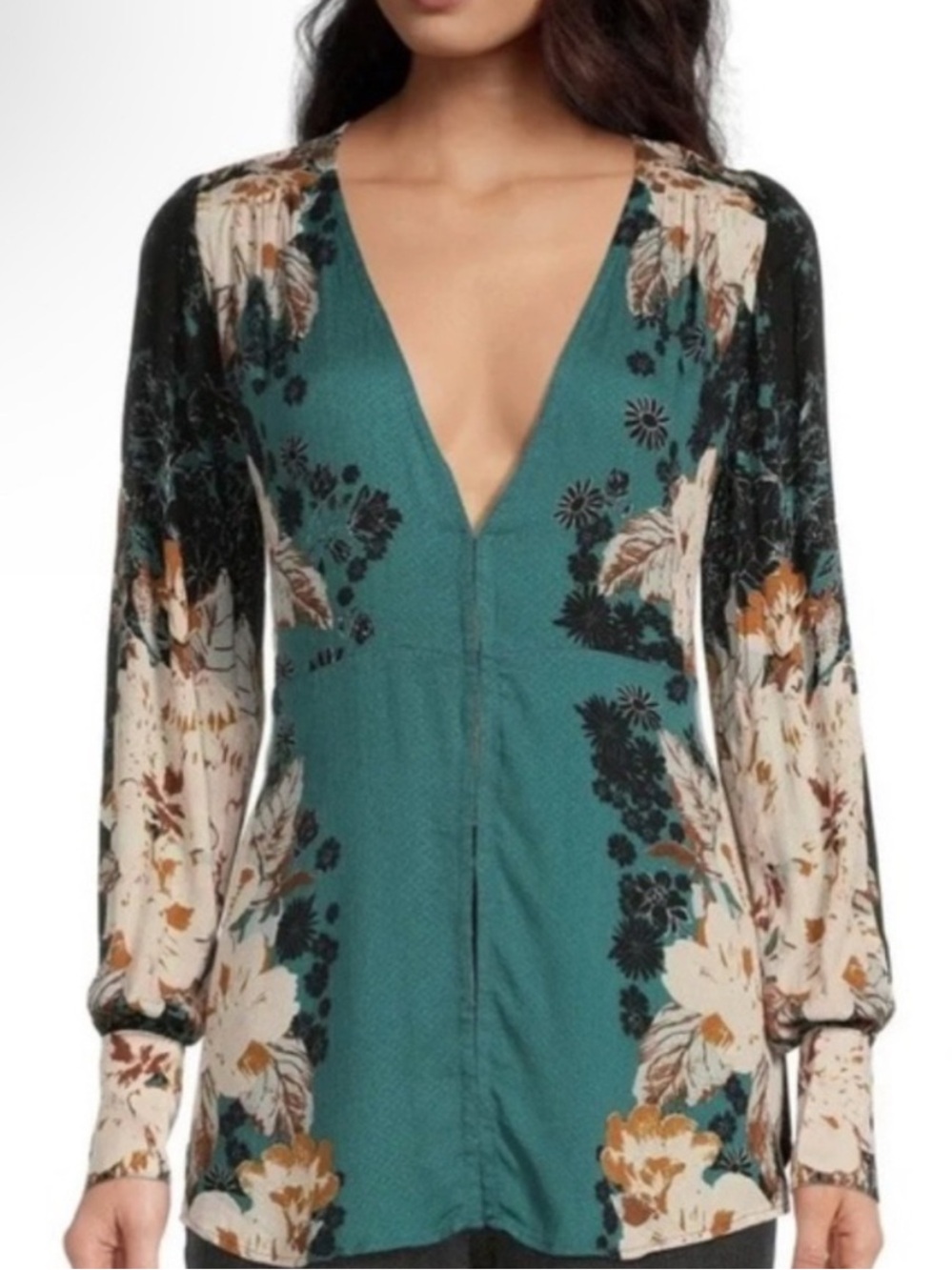 NWT Free People Mikayla Printed Tunic in a green balsam combo floral design
